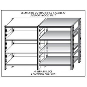 Scaffali inox a gancio IXP 4 ripiani lisci Elemento componibile Da aggiungere ad elemento già esistente NON UTILIZZABILE DA SOLO Finitura lucida Modello SC318LCG