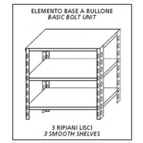 Scaffali inox a bullone IXP 3 ripiani lisc Elemento base Completi di bulloni e piedini plastica Bordi antitaglio Finitura lucida Modello SC415LB