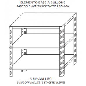 Scaffali inox a bullone IXP 3 ripiani lisci Elemento base Completi di bulloni e piedini plastica Bordi antitaglio Finitura lucida Modello SC515LB