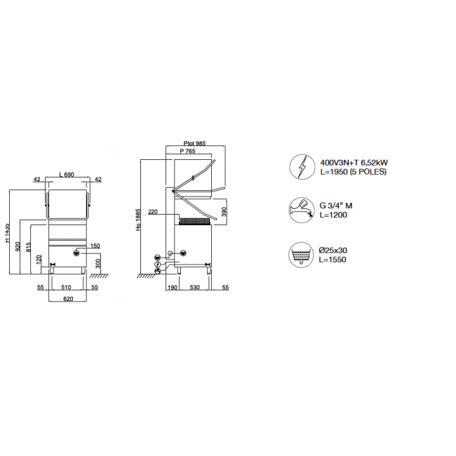 Lavastoviglie lavapiatti cappotta a sollevamento elettronica Compack in  acciaio inox Diam.max piatto cm 41,5 Cesto quadrato 50X50 Modello X110E