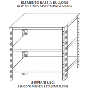 Scaffali inox a bullone IXP 3 ripiani lisci Elemento base Completi di bulloni e piedini plastica Bordi antitaglio Finitura lucida Modello SC615LB