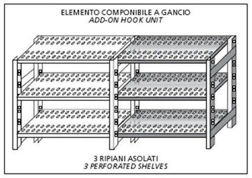 Scaffale inox a bullone IXP 3 ripiani forati spessore cm 2,5 inox 8/10  Lunghezza cm 100 Profondità cm 30 Altezza cm 150 Elemento componibile  Completi di bulloni e piedini plastica Bordi antitaglio Finitura lucida  Modello B37010030C